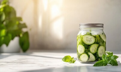 A jar of pickled cucumbers with mint on a marble surface.