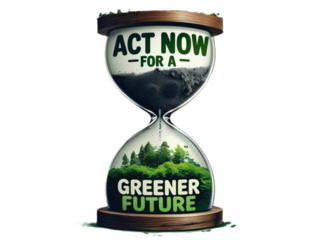 Hourglass with text, "Act now for a greener future.". Running out of time, climate change, clock, global warming.