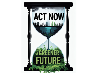 Hourglass with text, "Act now for a greener future.". Running out of time, climate change, clock, global warming.