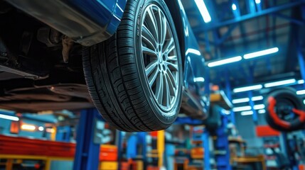 A detailed close-up of a car tire on an elevated lift inside an automotive workshop, showcasing maintenance and repair work