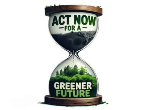 Hourglass with text, "Act now for a greener future.". Running out of time, climate change, clock, global warming.