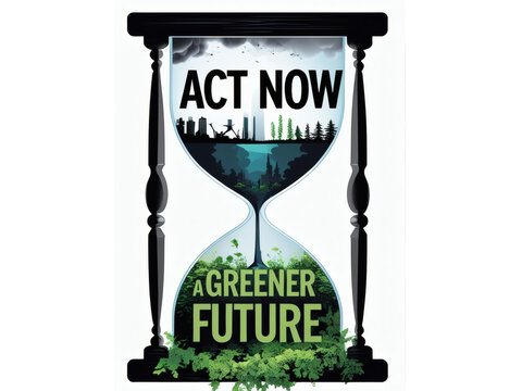 Hourglass with text, "Act now for a greener future.". Running out of time, climate change, clock, global warming.