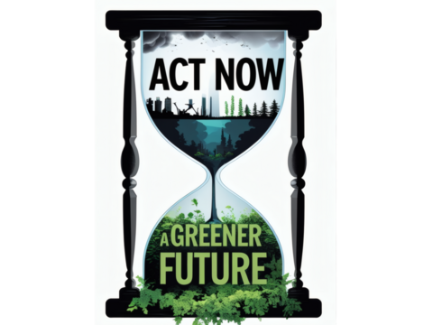 Hourglass with text, "Act now for a greener future.". Running out of time, climate change, clock, global warming.