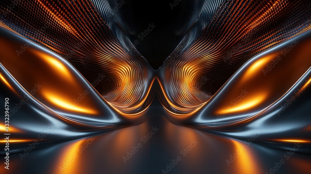 Poster a surreal digitally rendered tunnel with intricate geometric patterns glowing beams and pulsing part