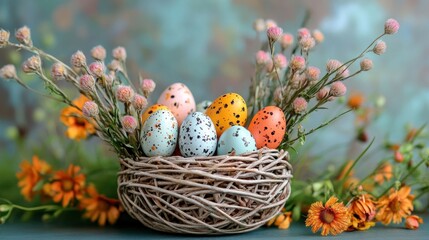 Easter Eggs in a Bird's Nest with Spring Flowers