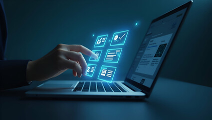 Obraz premium Hand interacting with holographic digital form checklist interface showing checkboxes documents survey icons on laptop in empty space concept as Hand interacts with holographic digital form checklist 