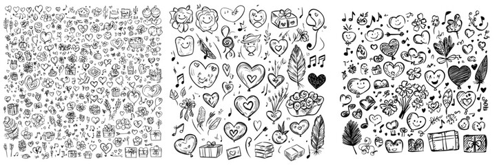 Naklejka premium Modern, sketchy doodles of love and Valentine's Day symbols and objects can be used for birthday invitation card design and other purposes