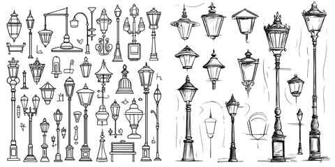 Modern street lights are depicted in a hand-drawn doodle sketch isolated on white, paired with silhouettes of lamp posts, an ink illustration, and a vintage brush template set for decorative design © Andrei