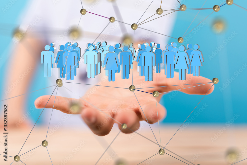Poster Global network. Blockchain. 3D illustration. Neural networks and artificial intelligence. Abstract