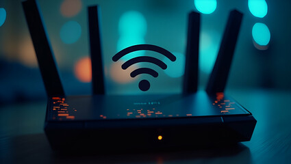 Modern wireless router with glowing indicators and WiFi signals blurred bokeh background concept as Modern wireless router with glowing indicators and WiFi signals blurred bokeh background in  Photo S