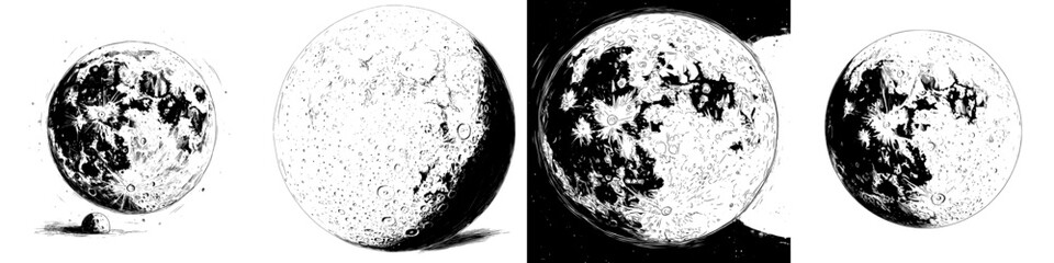 A full moon featuring craters, depicted in a modern hand-drawn illustration, presented as a line art concept suitable for tattoo design, set against a white isolated background © Andrei