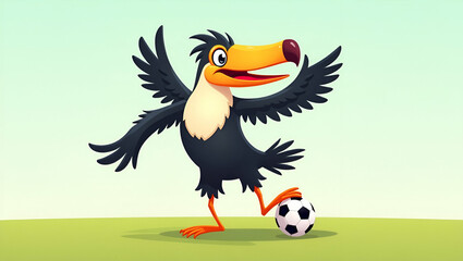 Fototapeta premium Cartoon Toucan Kicking Soccer Ball: Fun Sports Illustration for Kids