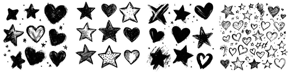 A collection of hand-drawn stars and hearts, featuring grunge elements and brush strokes