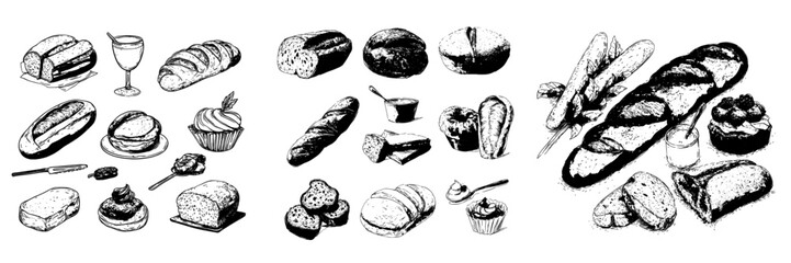 Obraz premium Vibrant, hand-drawn images of freshly baked bread and various bakery items, including baguettes, croissants, and more