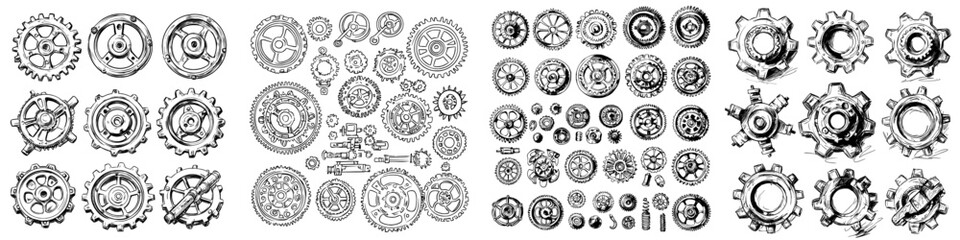 Retro sketch of mechanical gears, hand drawn vintage cog wheel parts of a factory machine in modern illustration