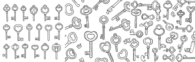 Obraz premium Modern doodles of vintage keys are showcased as individual design elements against a white backdrop