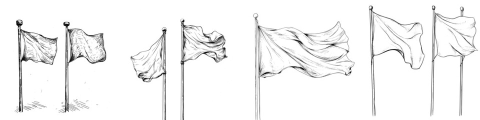 Modern illustration of a flag on a white background, hand drawn, with a blank white flag and flag outline clip art