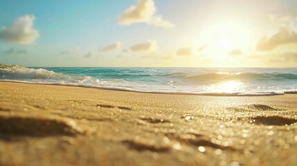 Fototapeta premium Tranquil Beach Scene with Gentle Waves and Warm Sunlight at Dusk