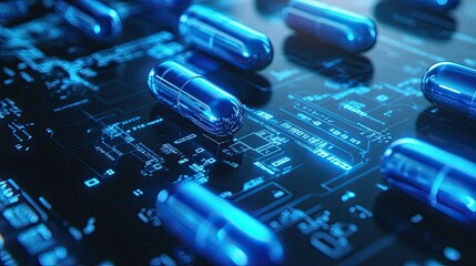 A digital pharmaceutical background with blue capsules floating over a futuristic medical interface, symbolizing modern medicine