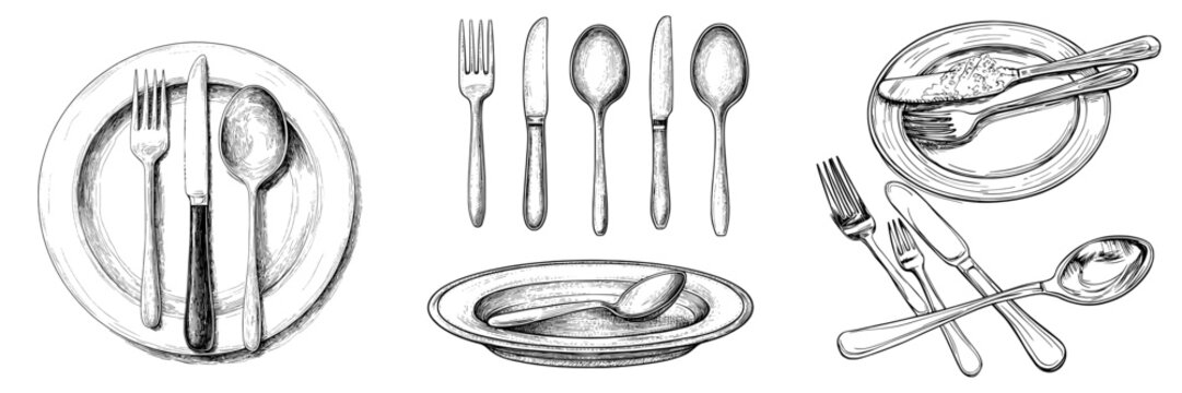 A hand-drawn, modern set of tableware, including a vintage knife, fork, spoon, and dishes, is depicted in a sketch engraving style