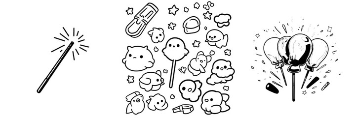 Modern illustration features a flat design of a hand-drawn magic wand doodle, which functions as a sketch-style icon and decoration element set against a white background © Andrei