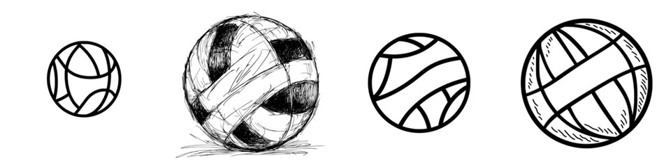 A hand-drawn outline doodle icon of a ball used for playing volleyball, symbolizing valleyball equipment and team sport activity, is presented as a modern sketch illustration on a white background © Andrei