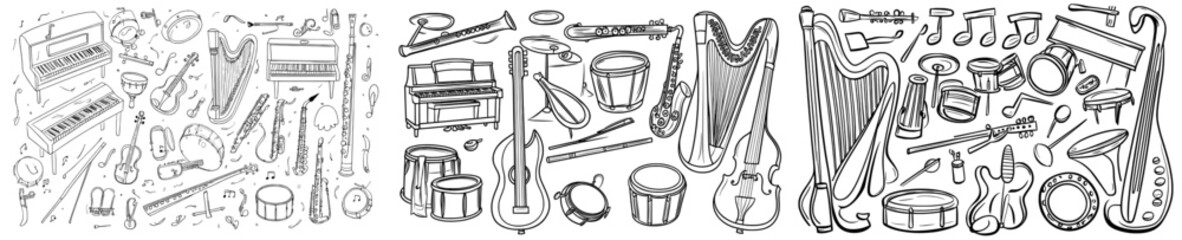 Orchestra equipment is depicted through continuous line drawing of musical instruments in a linear icons set