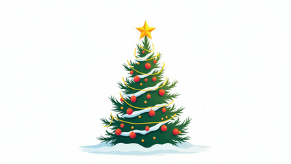 Obraz premium Flat Vector illustration of Christmas tree with lightbulbs stars balls and snow on leaves isolated on white background. concept as Vector illustration of Christmas tree adorned with lightbulbs stars b