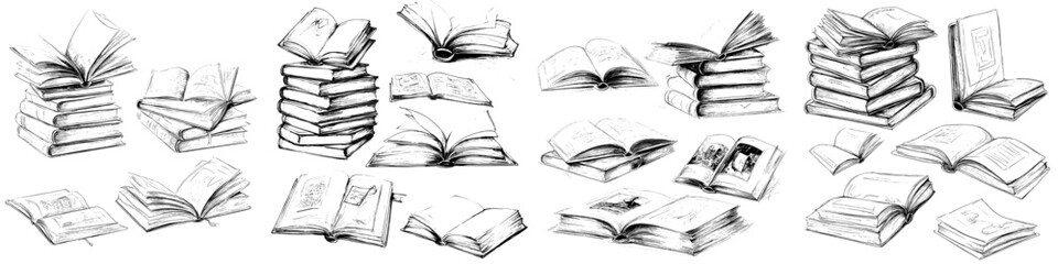 Sketchbooks featuring ink drawings of vintage open books and piles of books represent school education and library doodles with modern symbols