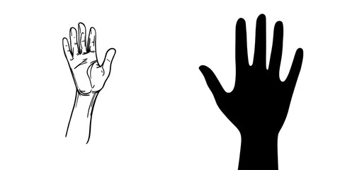 A white background features a black isolated icon of an open hand, also represented as a hand silhouette, in flat design style