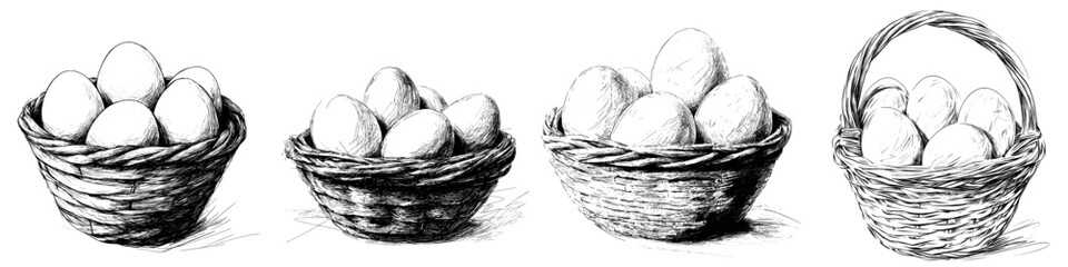 A beautiful modern illustration features a hand-drawn basket with eggs