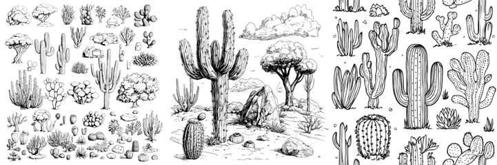 Engraving-style illustrations of cactus and succulents, hand-drawn with vintage flair, depict floral objects isolated on white for use in design