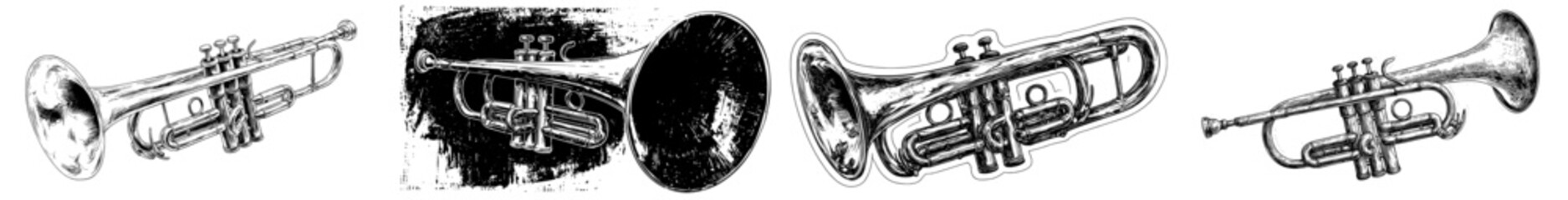 Trumpet hand drawing in vintage style presented as black and white clip art isolated on a white background © Andrei