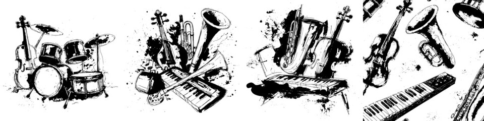 A hand-drawn collection of music instruments is presented in an ink-style modern illustration with watercolor stains on a white background