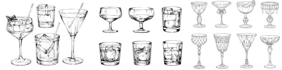 A modern illustration of cocktail glasses is presented in a sketch engraving style, imitating scratch board with a black and white hand drawn image