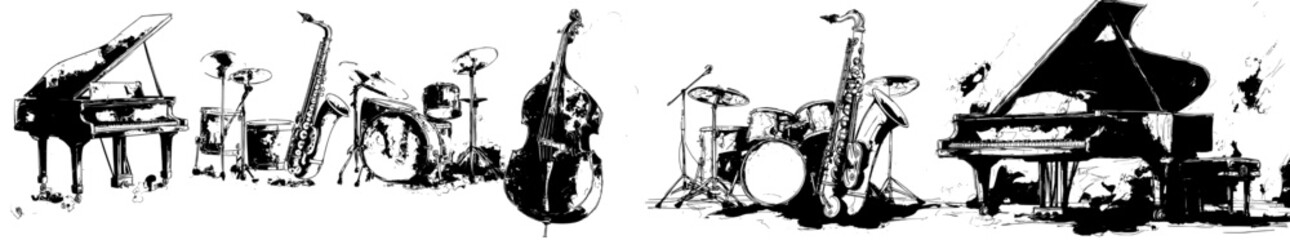 Hand-drawn orchestra instruments are showcased in a modern ink-style illustration with watercolor stains on a white background, perfect for a horizontal social media banner or cover