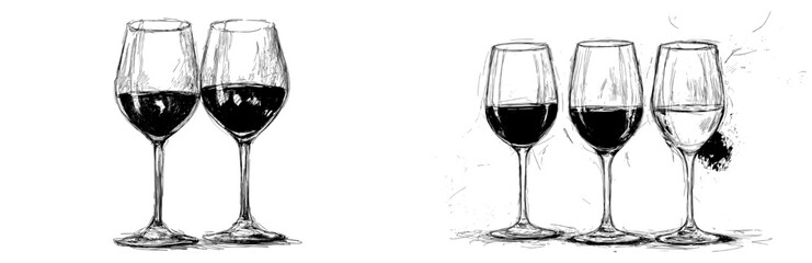 A modern illustration of hand drawn glasses containing red and white wine is presented in a sketch of a wine beverage in a wineglass