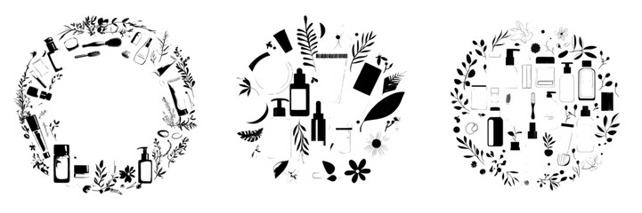 Illustrations of cosmetics and makeup, including items for women and girls, as well as facial skin care products, are depicted in a modern cartoon sketch