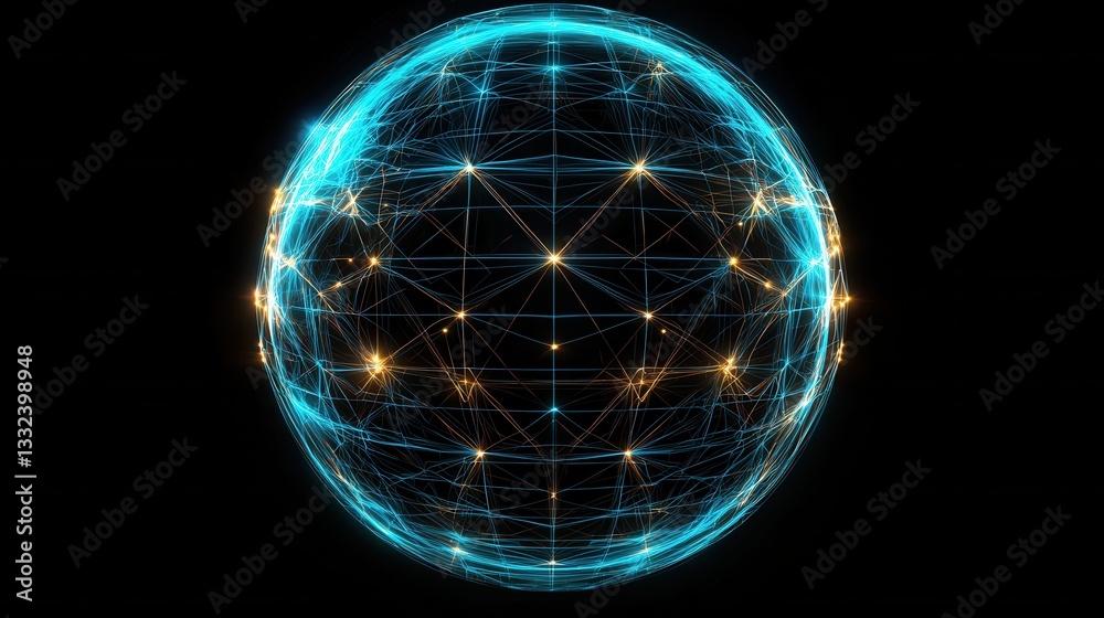 Poster futuristic glowing blue wireframe sphere with an interconnected grid of illuminated points represent