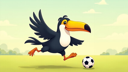 Naklejka premium Cartoon Toucan Kicking Soccer Ball: Fun Sports Illustration for Kids
