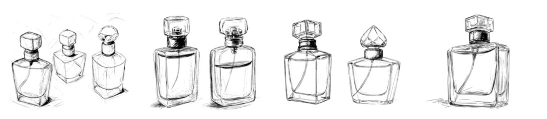 Modern fragrance bottles are depicted in a contemporary illustration