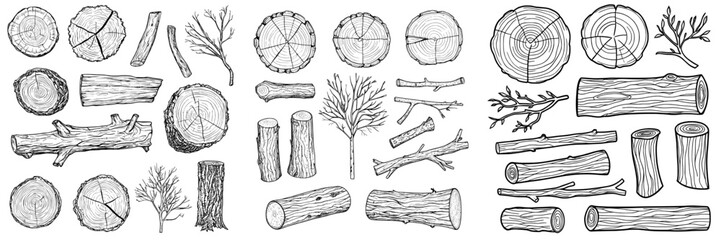 A collection of tree trunks featuring tree rings, accompanied by a modern illustration set, including hand-drawn wooden elements and tree branches © Andrei