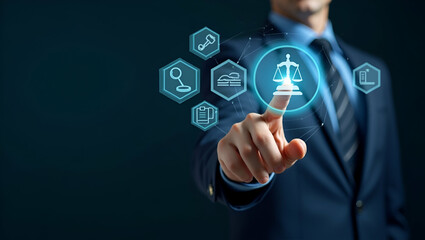 Fototapeta premium Man touches holographic icons of justice AI copyright and regulations on digital interface symbolizing intersection of law and artificial intelligence in empty space concept as Man touches holographic