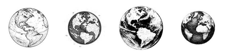 The planet Earth is depicted in a modern globe sketch engraving style as a T-shirt apparel print design, presented as a scratch board imitation in black and white, created by hand © Andrei