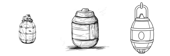 The illustration features a hand-drawn grenade icon created with ink, presented as a modern sketch of a weapon in black on a white background for military design