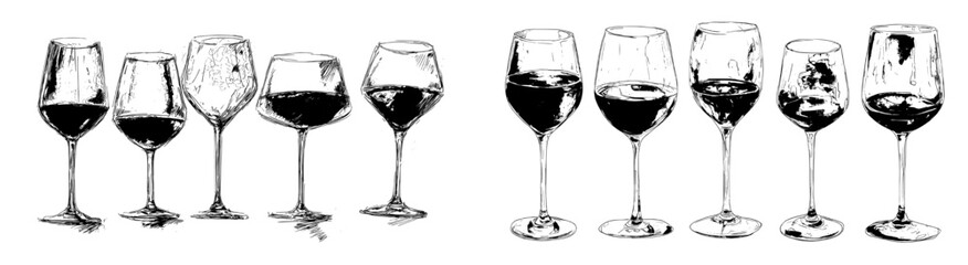 The image is a watercolor and hand drawn sketch of a wine glass collection, filled with red wine and isolated on white, exemplifying a sophisticated art design
