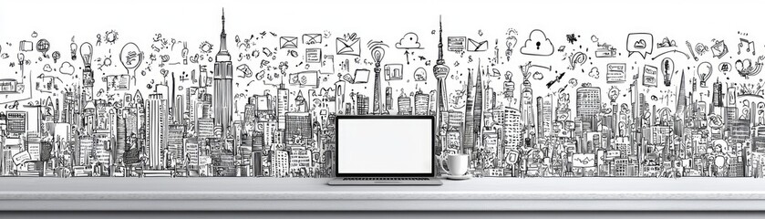 Obraz premium Laptop on desk against cityscape and internet doodles. Concept for digital nomads, remote work