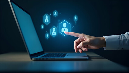 Fototapeta premium Hand Interacting with Holographic AI Chatbot on Laptop: Smart Assistant & Automation Icons Concept