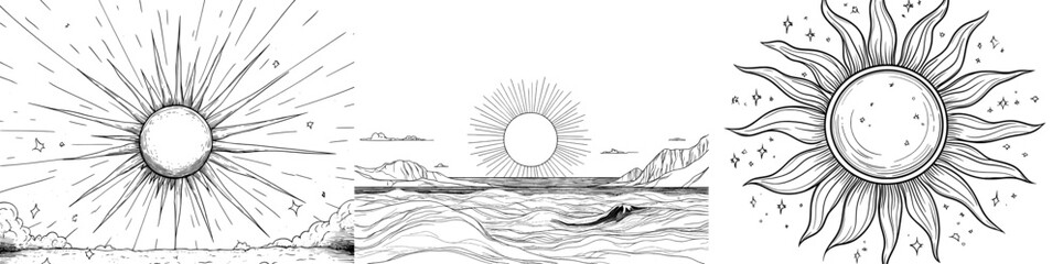 The modern illustration features a sun sketch engraving, suitable for a t-shirt apparel print design, and resembles a scratch board imitation in black and white, hand drawn © Andrei