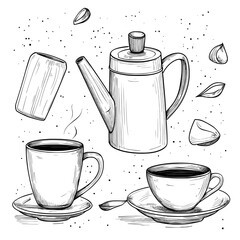 Teapots, tea cups, and other kitchenware items, such as ceramic, glass, and porcelain utensils and icons, are illustrated in a modern sketch as isolated design elements